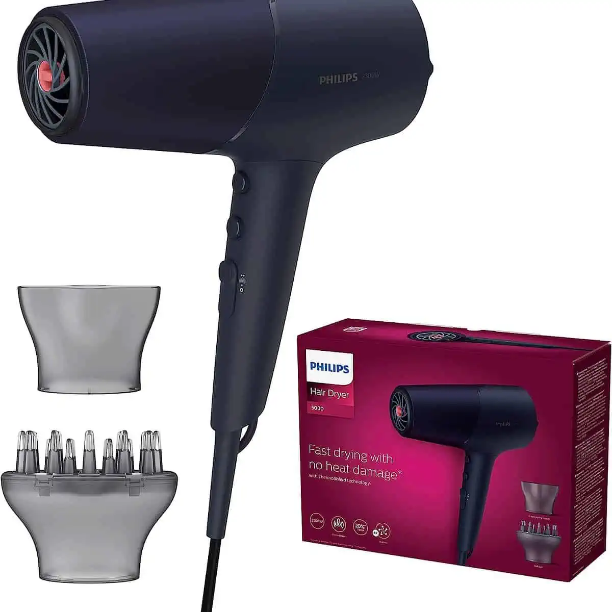 Philips Haartrockner der 5000er Serie (mit ThermoShield Technologie, 3 Heiz- und 2 Geschwindigkeitsstufen, 2.300 Watt) für 34,99 € inkl. Versand (statt 44,70 €)