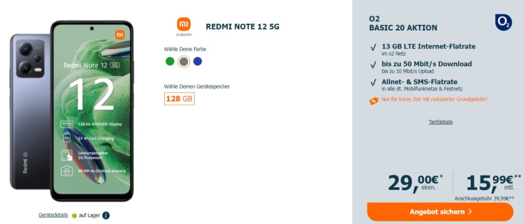 Redmi Note 12 5G + O2 Basic 20 Mit 13 Gb