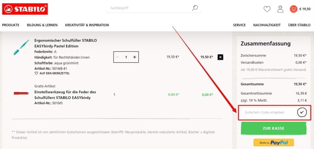 STABILO Rabattcode einlösen