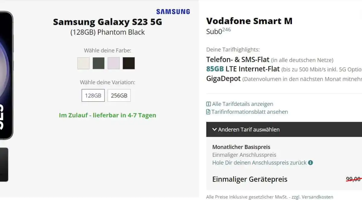 FLYmobile: Samsung Galaxy S23 5G + Vodafone Smart M mit 85 GB Datenflat für 49,99 € / Monat + 10,98 € einmalig