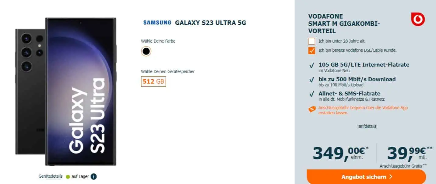 Logitel: Samsung Galaxy S23 Ultra 5 G + Vodafone Smart M 105 GB Datenflat ab 39,99 € + 353,99 € einmalig [Vodafone DSL/Cable Kunden, sonst + 5 € mtl.]