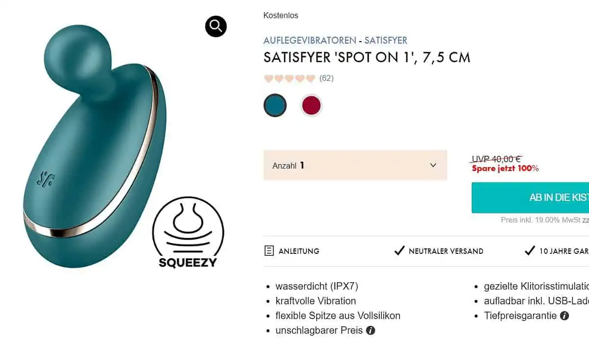 Eis DE: Satisfyer Spot On 1 Auflegevibator & 6 Gratisartikel für 0 € (MBW 29,95 €) 🍨