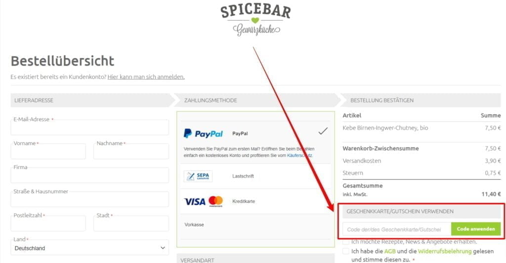 Spicebar Rabattcode einlösen