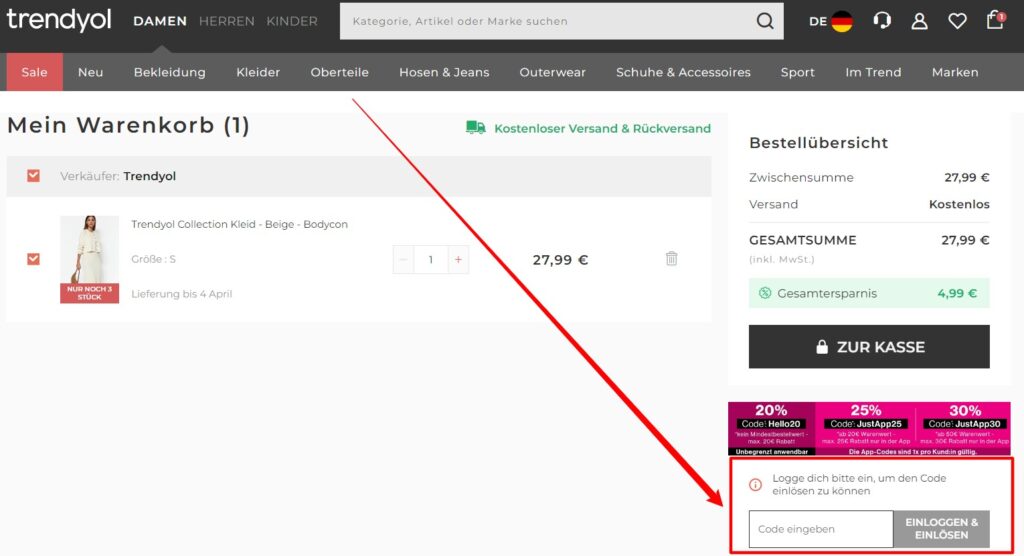 Trendyol Rabattcode einlösen