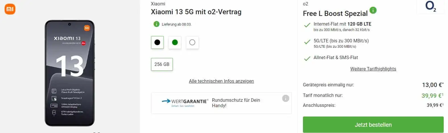 DEINHANDY: Xiaomi 13 5G + Xiaomi Printer 1s gratis + o2 Free L Boost Spezial 120 GB LTE für 39,99 € / Monat + einmalig 13 €+39,99 €