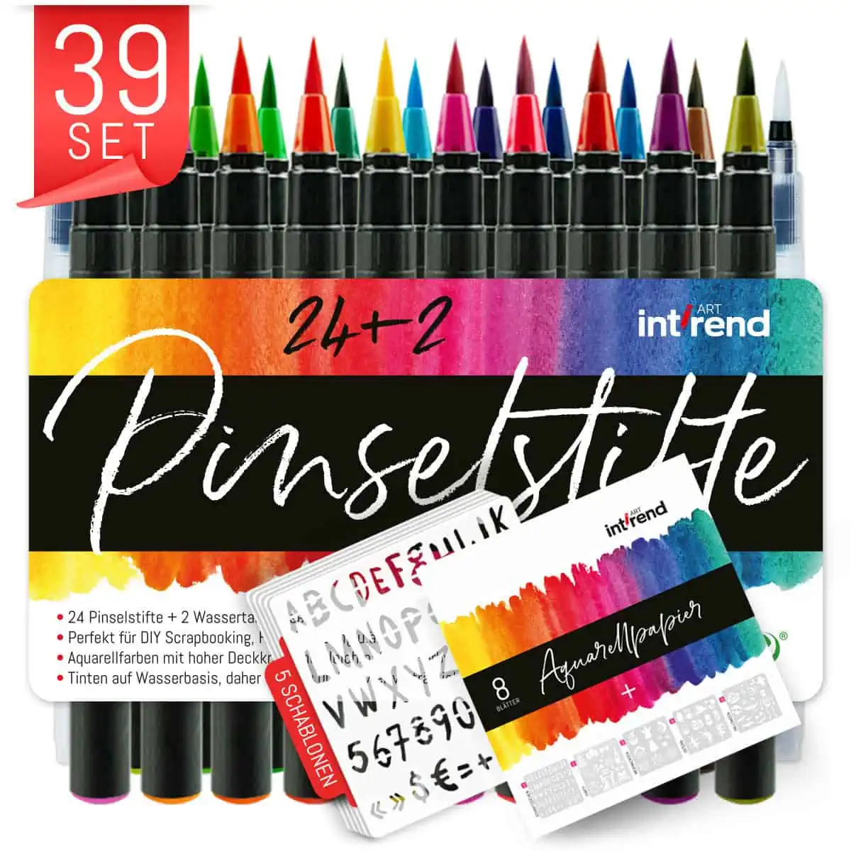 int!rend Brush Pen Set mit 51 Teilen – 24 Aquarellstifte, 2 Wasserstifte, 20 Blätter, 5 Schablonen – Pinselstifte für Kalligraphie & Handlettering für 12,10 € inkl. Prime-Versand (statt 17,99 €)