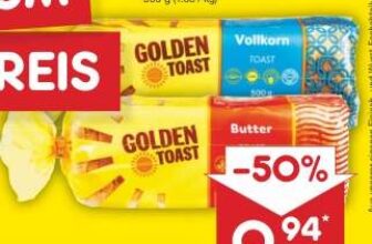 Sparen Sie bei Netto Marken-Discount mit unserem unwiderstehlichen Angebot: Zwei Packungen Golden Toast-Brot „Butter“ und „Vollkorn“ um 50 % reduziert! Schnappen Sie sich Ihr Brot jetzt für nur 0,94 Euro pro Stück (statt 1,89 Euro) auf einem leuchtend gelben Hintergrund.