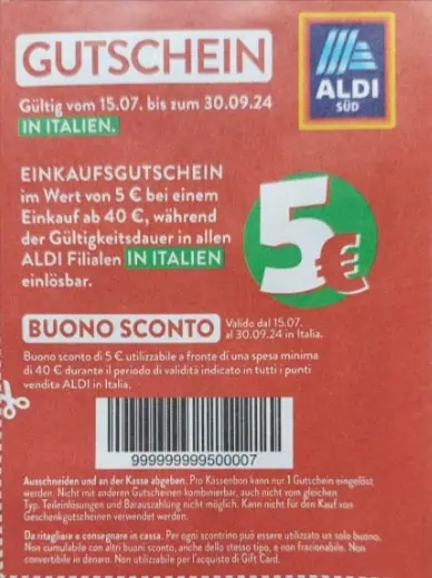 5 € Gutschein bei Aldi Süd für Einkäufe bei Aldi Italien