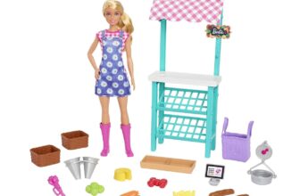 Barbie HCN Spass auf dem Bauernhof Bauernmarkt Spielset mit Puppe blonde Haare Markt Stand m