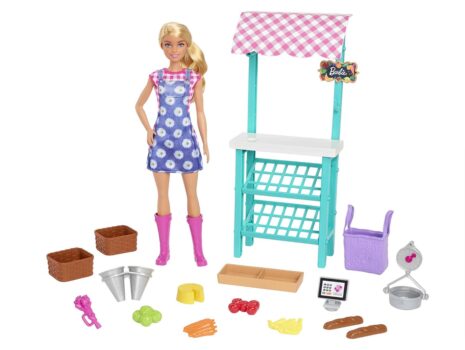 Barbie HCN Spass auf dem Bauernhof Bauernmarkt Spielset mit Puppe blonde Haare Markt Stand m