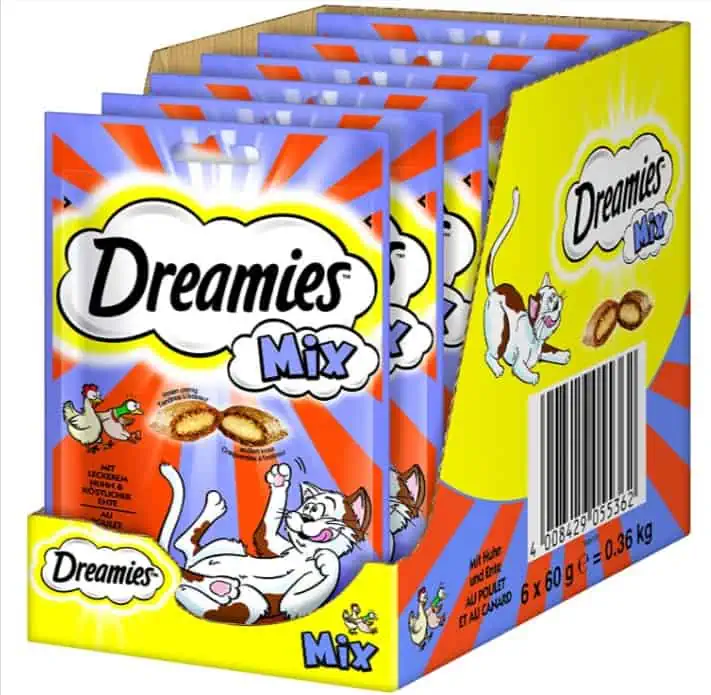 Dreamies Mix Katzensnacks mit Huhn & Ente – Außen knusprig & innen cremig versch. Sorten – 6 x 60g ab 6,20 € inkl. Prime-Versand (statt 8,95 €)