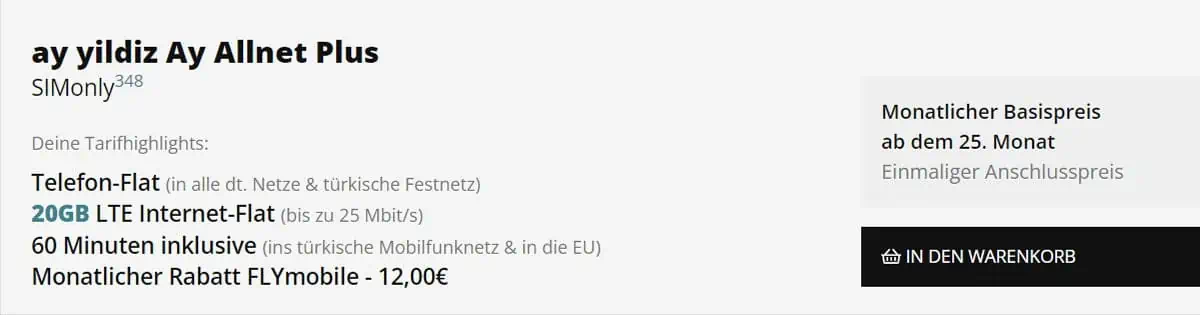 FLYmobile SIMonly: ay yildiz Ay Allnet Plus mit 20 GB Datenflat für 12,99 € / Monat