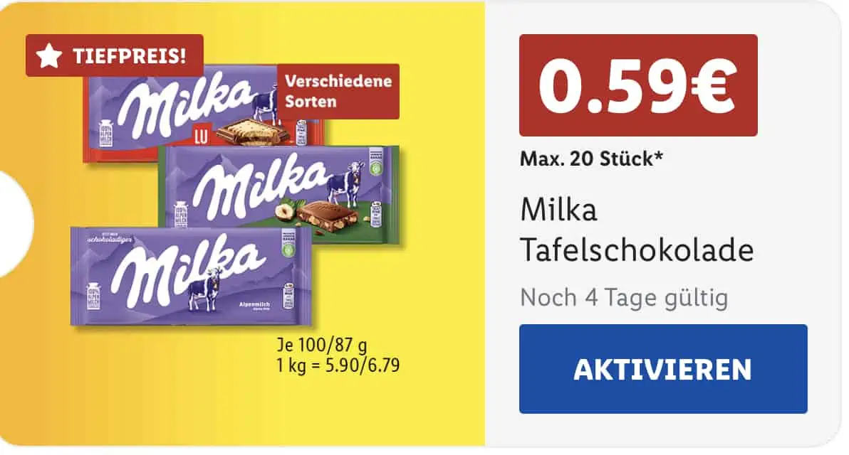 [Lidl PLus] Milka Schokolade 100 g für 0,59 €