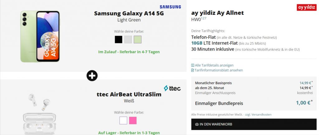 Samsung Galaxy A14 5G + Ttec Airbeat Ultraslim + Ay Yildiz Ay Allnet 10 Gb