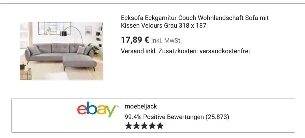 Preisfehler: Wohnlandschaft mit Kissen Velours Grau 318 x 187 für 17,89 € inkl. Versand