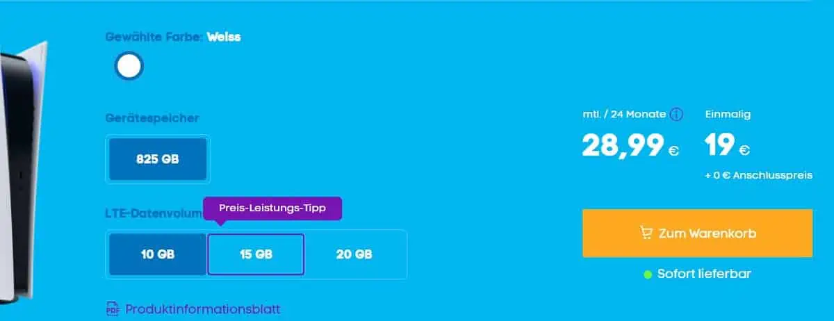Blau: Sony PlayStation®5 Digital Edition mit 2 Controllern + Allnet XL mit 10 GB Datenflat für 28,99 € / Monat + 23,99 € einmalig