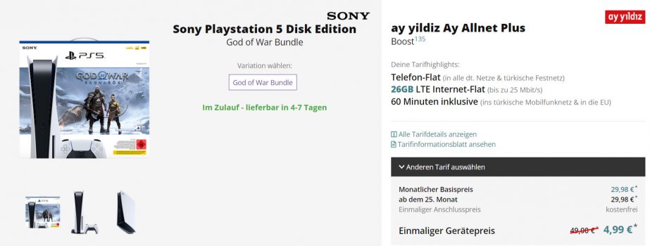 Sony Playstation Disk Edition God of War Bundle + ay yildiz Ay Allnet Plus Boost GB