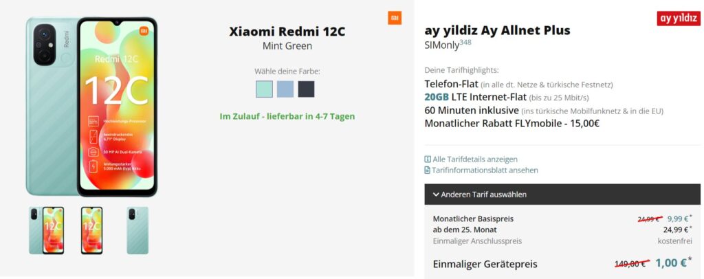 Xiaomi Redmi 12C + Ay Yildiz Ay Allnet Plus Mit 20 Gb