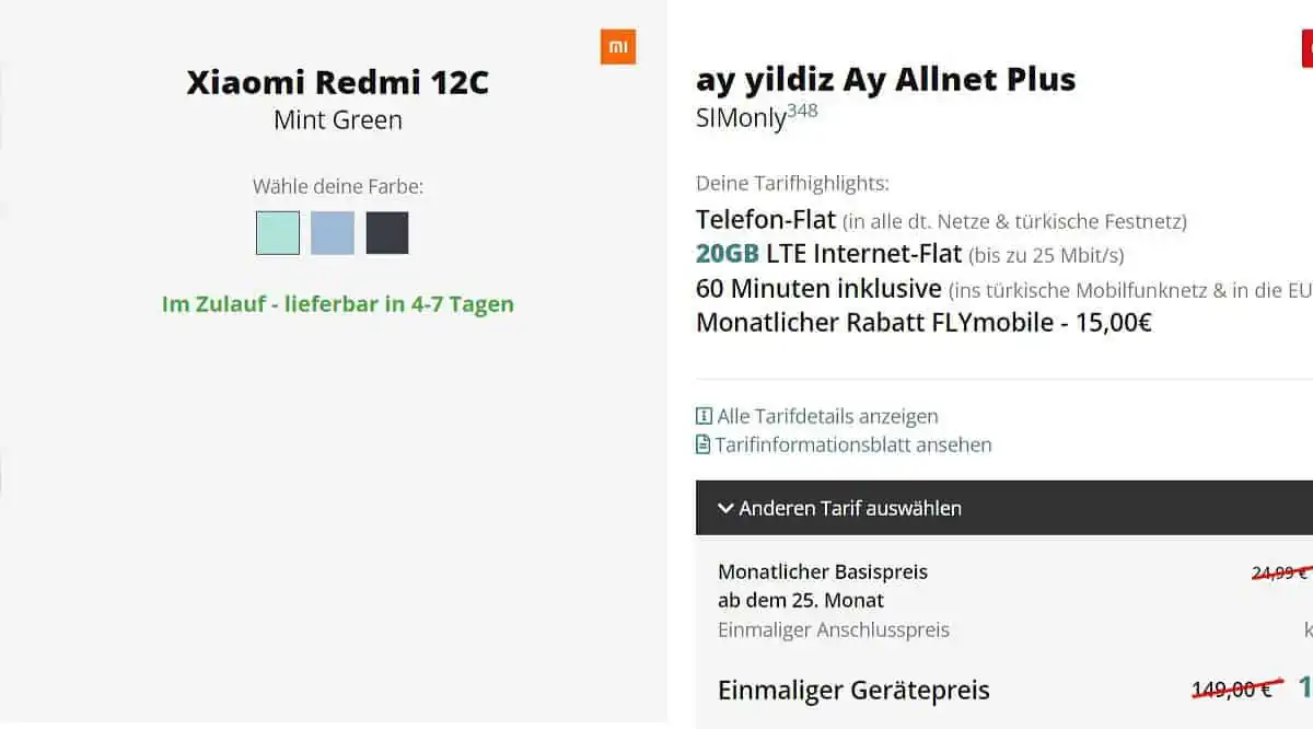 FLYmobile: Xiaomi Redmi 12C + ay yildiz Ay Allnet Plus mit 20 GB Datenflat für 9,99 € / Monat + 6,99 € einmalig