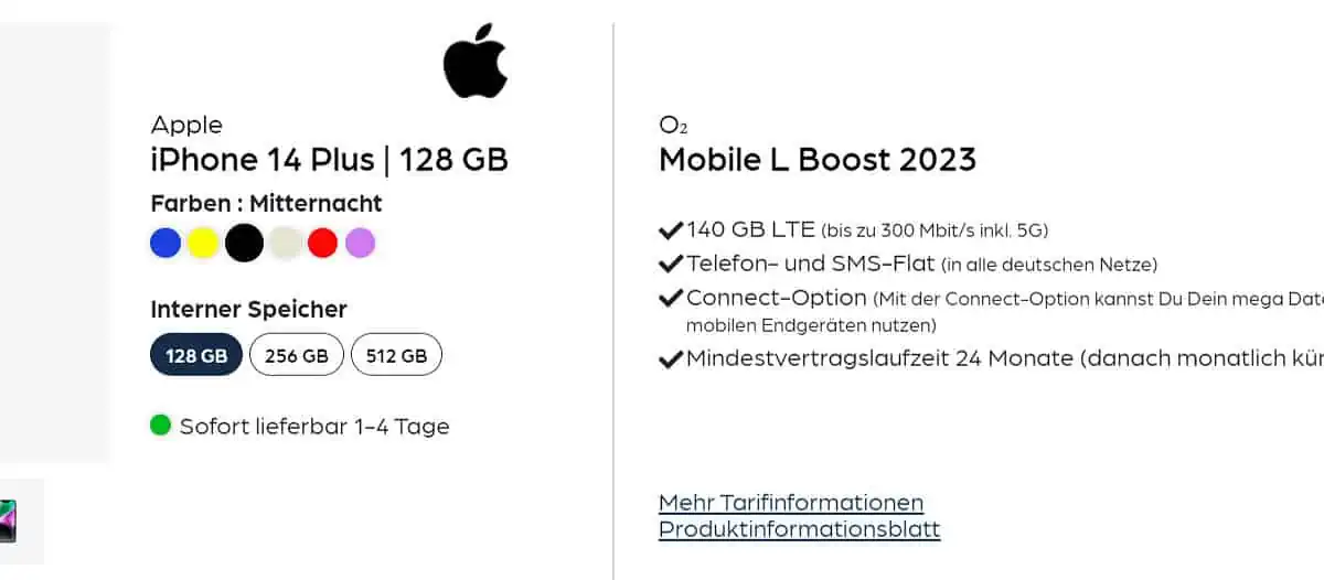 starmobile: iPhone 14 Plus + o2 Mobile L Boost 2023 mit 140 GB Datenvolumen für 47,99 € / Monat + 219,90 € einmalig