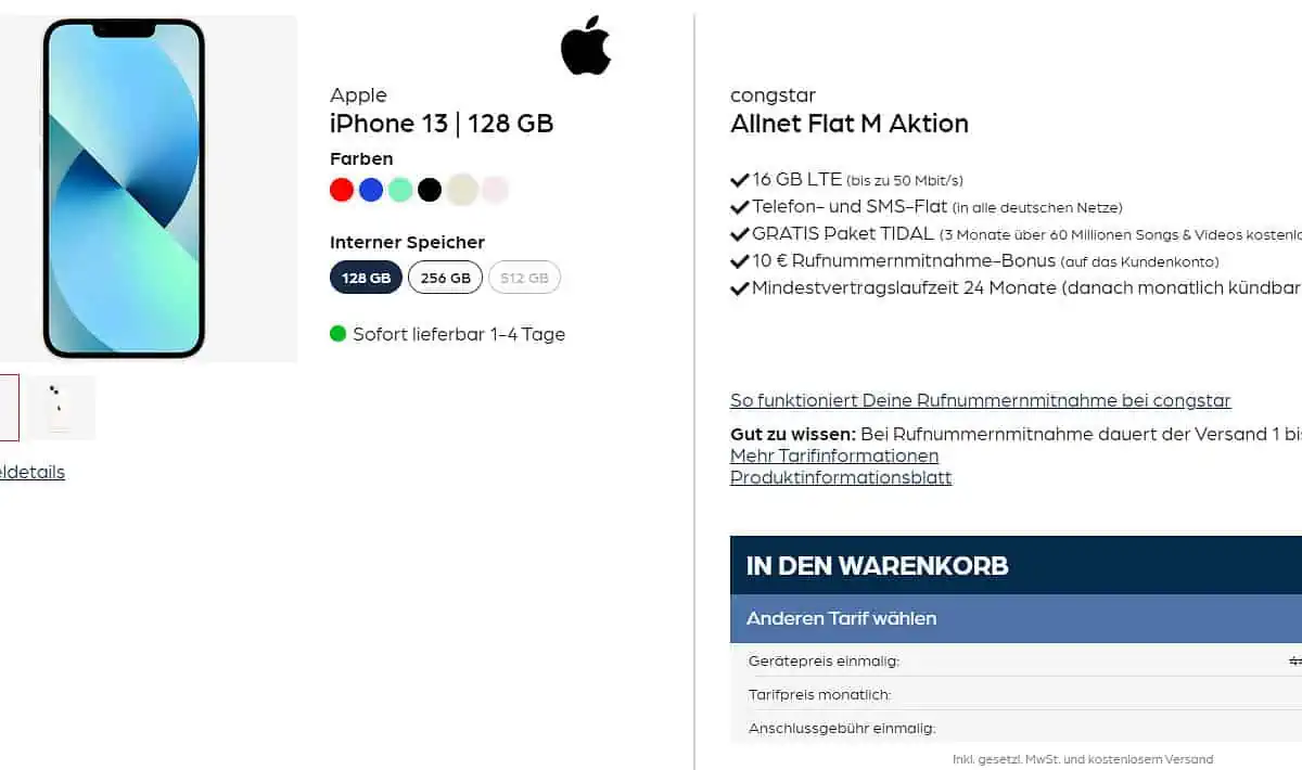 Apple iPhone 13 + congstar Allnet Flat M mit 16 GB Datenflat für 22 € / Monat + 374,95 € einmalig