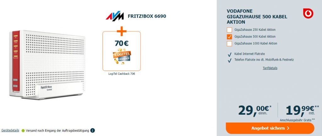 Fritz!Box 6690 + Vodafone Gigazuhause 500 Cable + 70 € Cashback