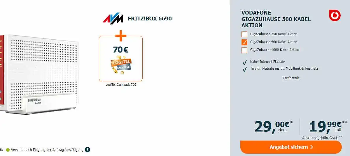 Logitel: FRITZ!Box 6690 Cable + Vodafone GigaZuhause 500 Cable + 70 € Cashback für 19,99 € / Monat (49,99 € ab 7. Monat)  + 33,99 € einmalig