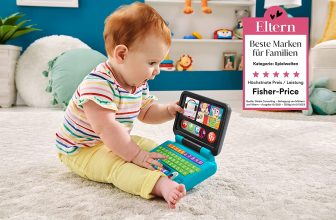 Fisher Price HGX Lernspaß Homeoffice Laptop Produktbild mit Baby