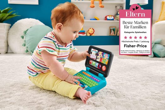 Fisher Price HGX Lernspaß Homeoffice Laptop Produktbild mit Baby