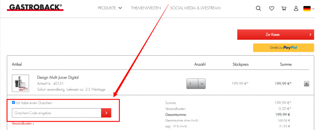 Gastroback Rabattcode einlösen