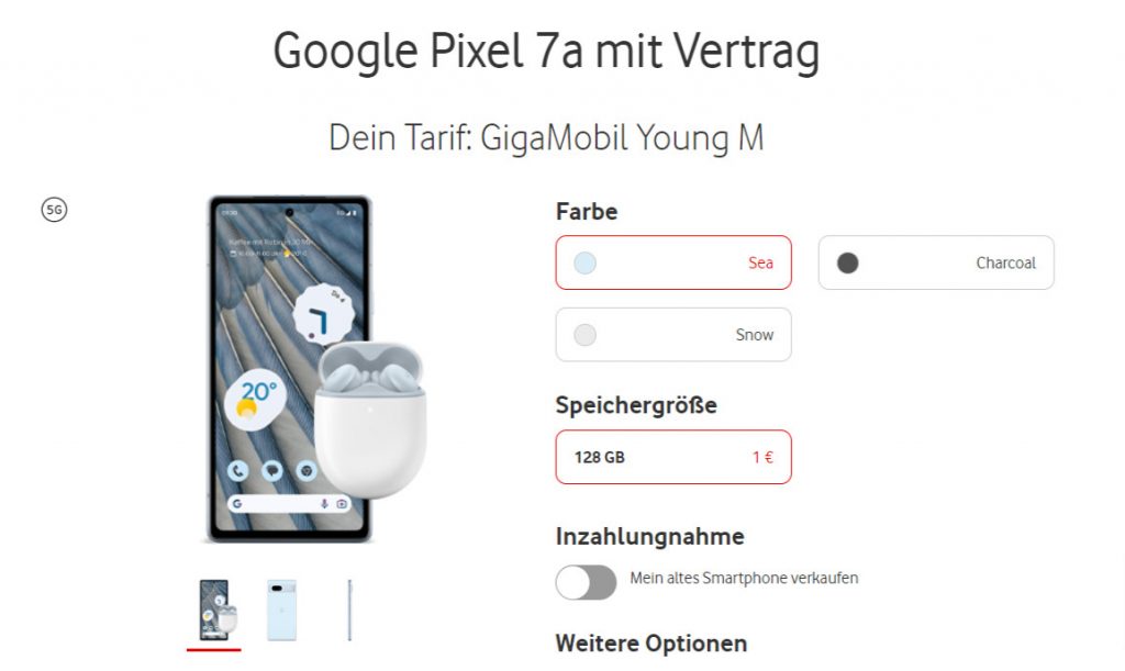 Google Pixel 7A + Google Pixel Buds A-Series + Vodafone Gigamobi Lm Mit Gigakombi 65 Gb 