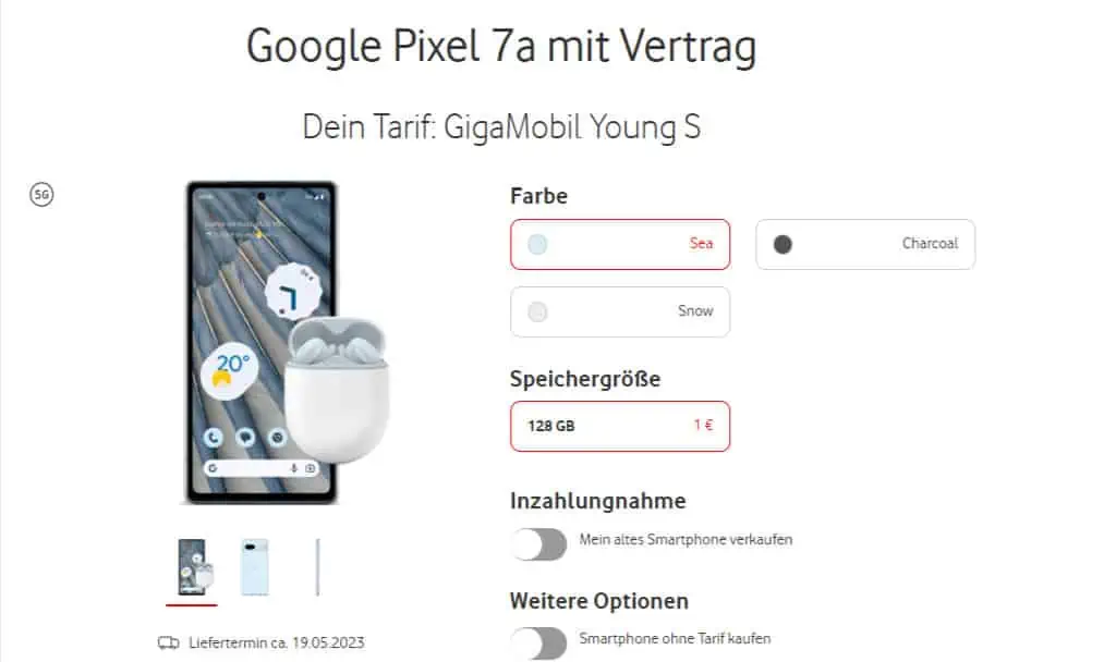 Google Pixel 7a + Google Pixel Buds A-Series + Vodafone GigaMobil Young S 15 GB Datenflat für 29,99 € / Monat + 40,99 € einmalig [bis 27 Jahre]