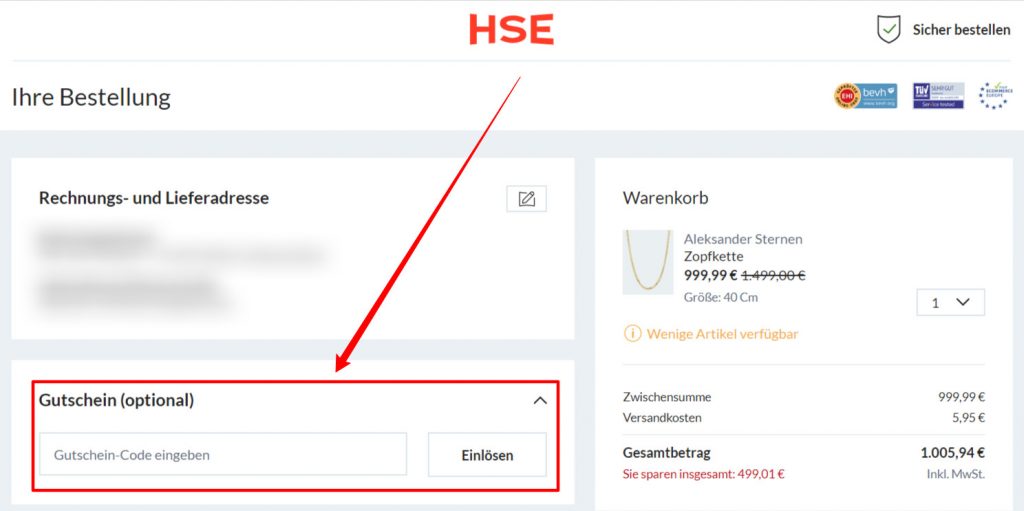 HSE Rabattcode einlösen