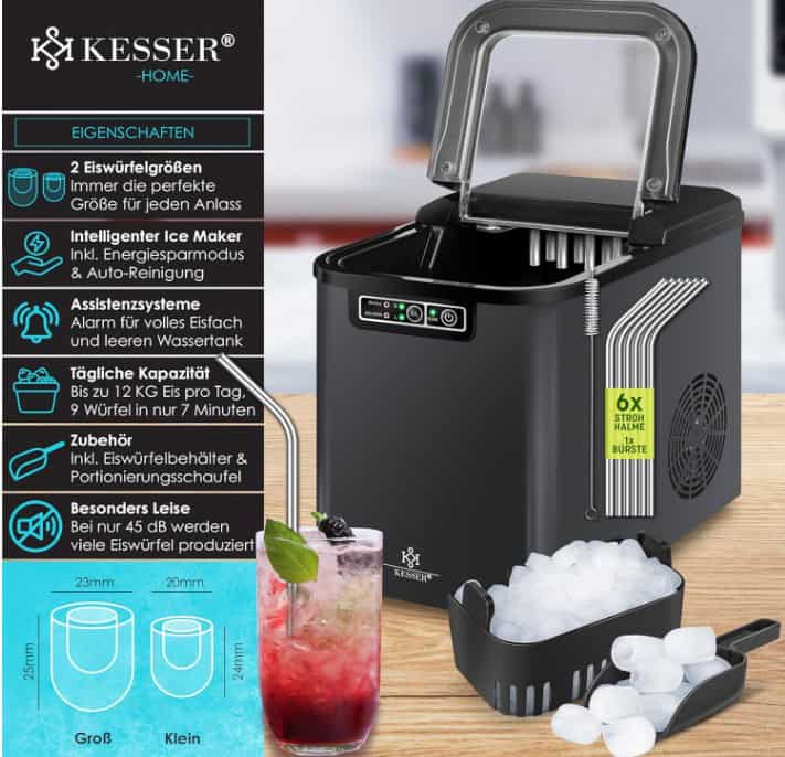 Kesser®-Eiswürfelbereiter-Eiswürfelmaschine-Edelstahl-Ice-Maker-12-Kg-24-H-Zubereitung-In-7-Min-2-2-Liter-Wassertank