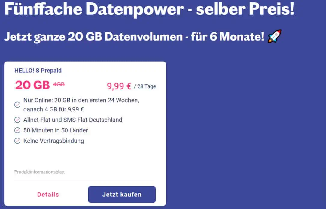 LEBARA Neukunden: HELLO! S Prepaid mit 20 GB + 50 Freiminuten in 50 Länder für 9,99 €/28 Tage für 9,99 €/28 Tage (für 6 Monate, danach 4GB)