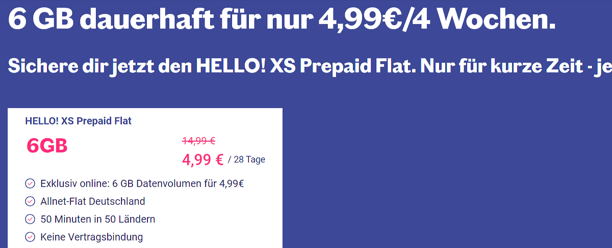 LEBARA Neukunden: HELLO! XS Prepaid Allnet Flat mit 6 GB + 50 Freiminuten in 50 Länder für 4,49 €/28 Tage