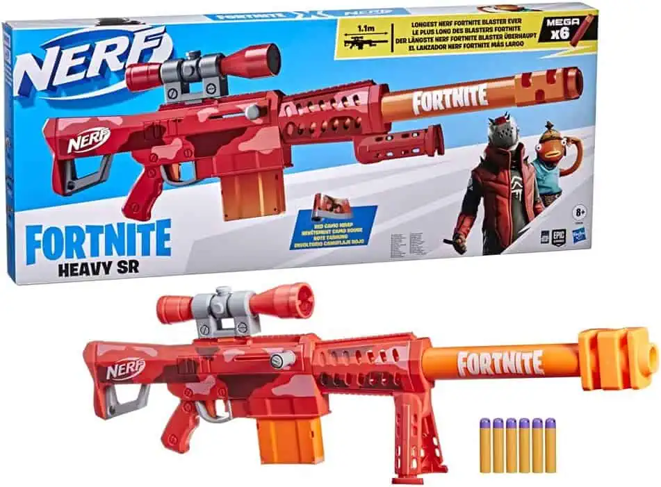Hasbro NERF Fortnite Heavy SR Blaster (längster NERF Fortnite Blaster, abnehmbares Fernrohr, Bolzen-Action, 6 NERF Mega Darts, 6-Dart Clip-Magazin) für 29,99 € inkl. Versand (nur noch 12 Stück) statt 45,39 €