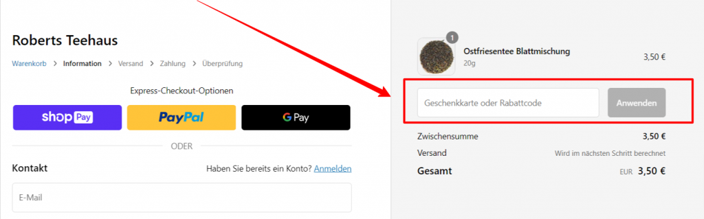 Roberts Teehaus Rabattcode einlösen