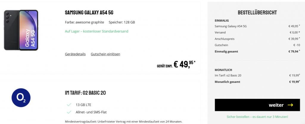 Samsung A54 + O2 Basic 20 Mit 13 Gb