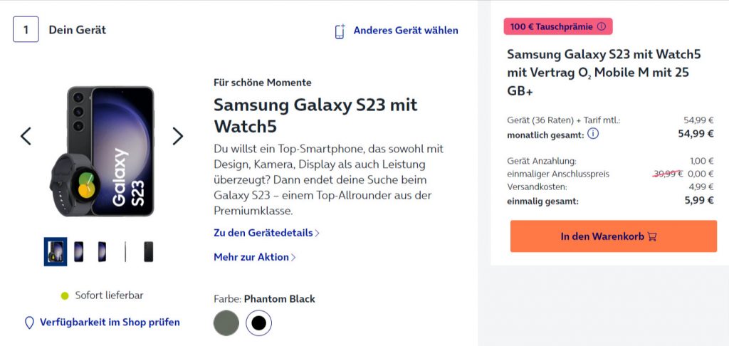 Samsung Galaxy S23 + Samsung Galaxy S23 Watch 5 40 Bt Mit O2 Mobile M 25+ Gb