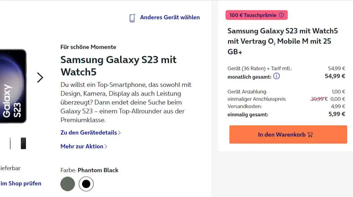 Samsung Galaxy S23 + Samsung Galaxy Watch 5 40 BT mit O2 Mobile M 25+ GB für 54,99 € / Monat + 5,99 € einmalig