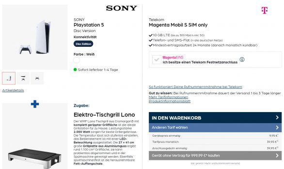 Sony Playstation Disc Version + WMF Lono Elektro Tischgrill + Telekom Magenta Mobil S GB