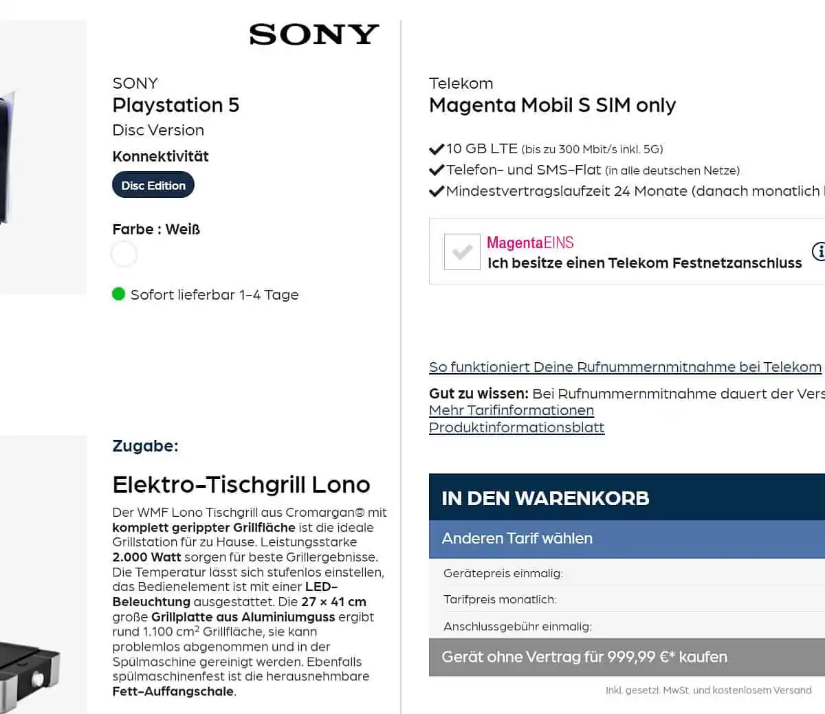 starmobile: Sony Playstation 5 Disc Version + WMF Lono Elektro-Tischgrill + Telekom Magenta Mobil S 10 GB Datenvolumen für 39,95 € / Monat + 49,90 € einmalig