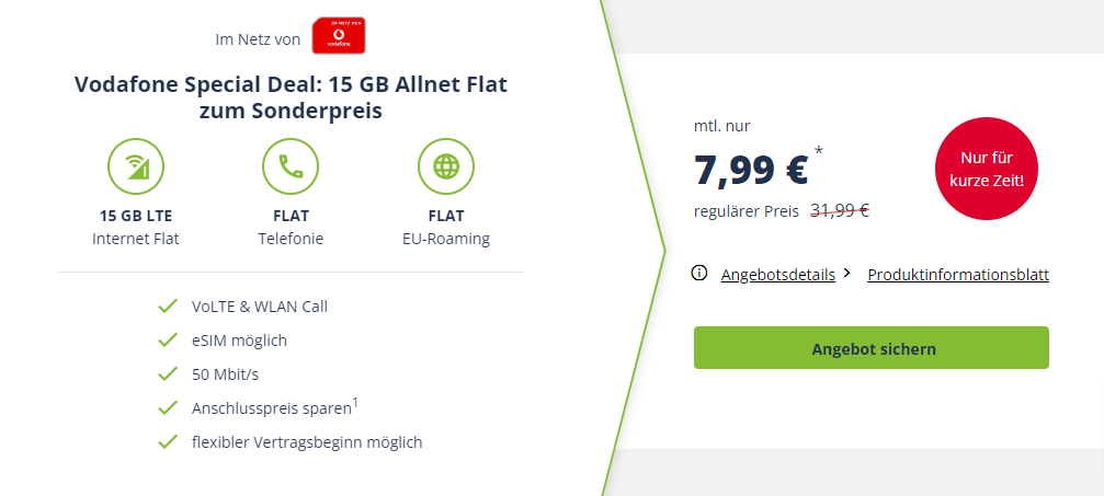 15 GB LTE (50 Mbit/s) Allnet Flat im Vodafone Netz Inklusive VoLTE & WiFi-Calling für 7,99 € mtl.