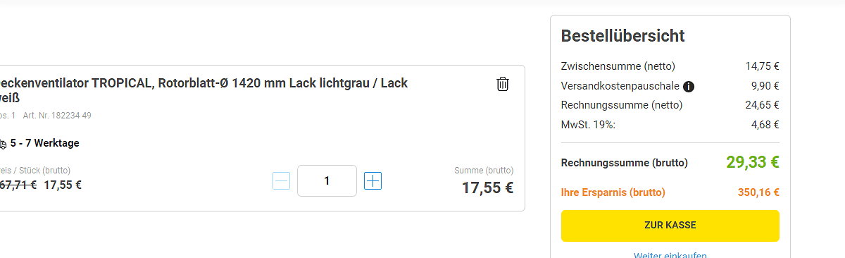 Preisfehler: Deckenventilator TROPICAL, Rotorblatt-Ø 1420 für 29,33 € inkl. Versand statt 212 €