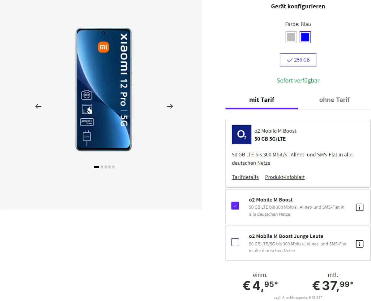 DEINHANDY: Xiaomi 12 Pro 5G + o2 Mobile M Boost 50 GB LTE für 37,99 € / Monat + einmalig 44,94 €