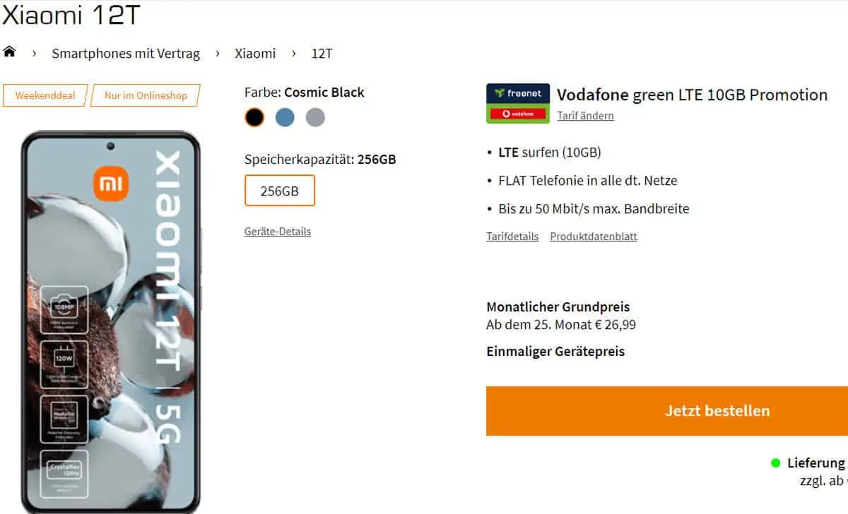 Saturn Tarifwelt: Xiaomi 12T + Vodafone green LTE 10 GB Datenvolumen für 12,99 € / Monat + 45,94 € einmalig