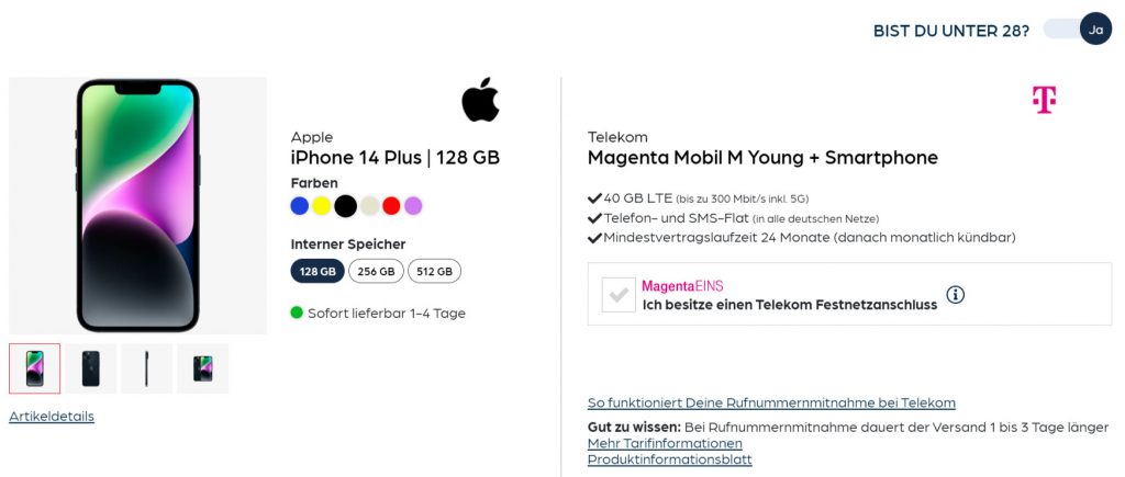 Apple Iphone 14 Plus + Telekom Magenta M Young 40 Gb 5G