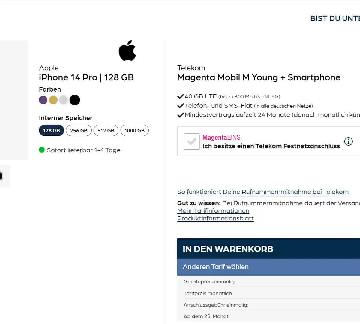 starmobile: Apple iPhone 14 Pro + Magenta Mobil M Young 40 GB Datenvolumen für 39,95 € / Monat + 354,90 € einmalig [nur für 18- bis 27-Jährige]