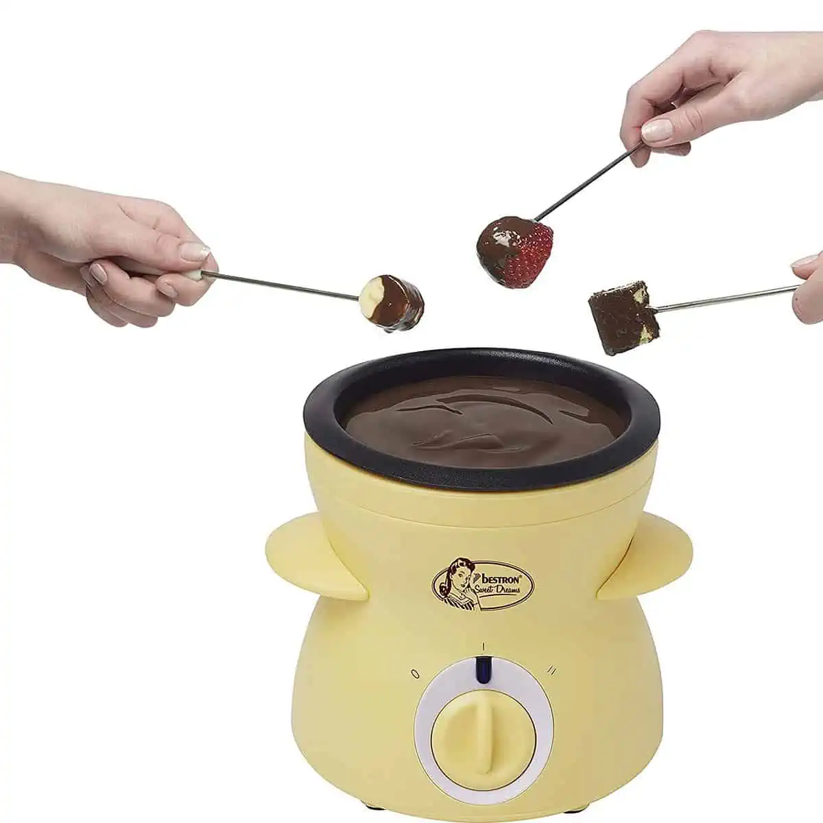 Bestron Schokoladen-Fondue (inkl. 10xSpieße, 10xGabeln und 1xSpatel, 25Watt, Gelb)für 13,49 € inkl. Prime-Versand (statt 18,89 €)